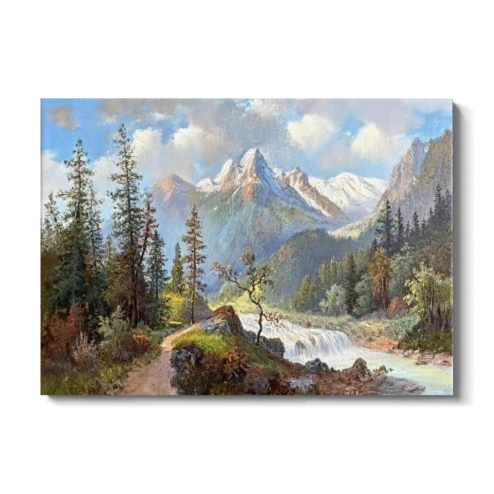 Alpine River and Evergreen Trees canvas wall art, front product mockup on a light background.