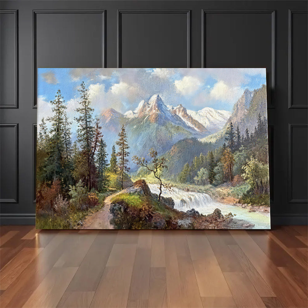 Alpine River and Evergreen Trees canvas wall art, styled room mockup 1.