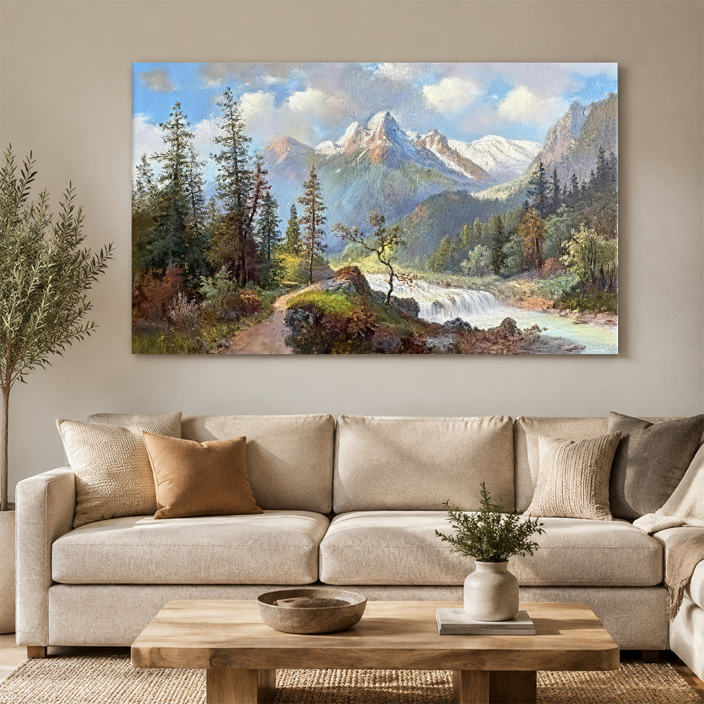 Alpine River and Evergreen Trees canvas wall art, styled room mockup 4.
