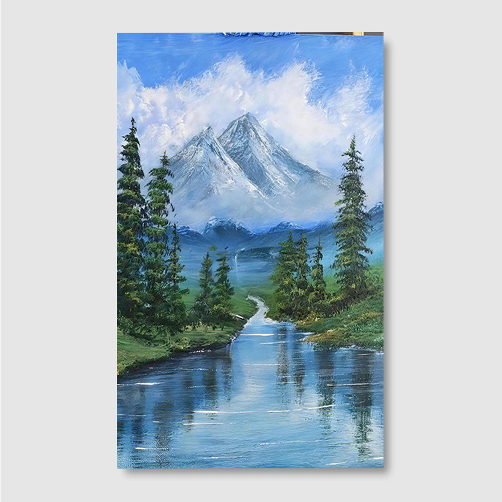 Mountain Lake and Tall Pines canvas wall art, front product mockup on a light background.