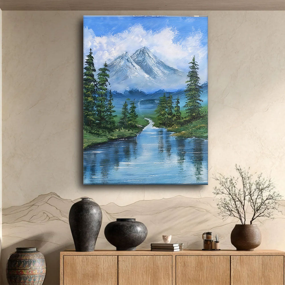 Mountain Lake and Tall Pines canvas wall art, styled room mockup 1.