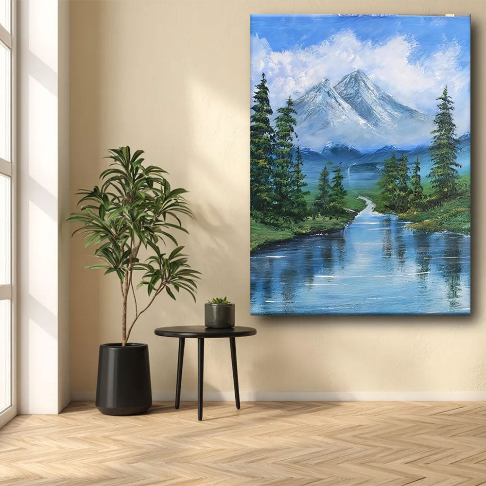 Mountain Lake and Tall Pines canvas wall art, styled room mockup 2.