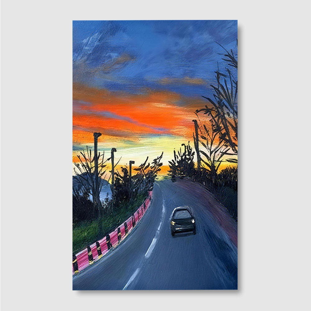 The Road at Sunset canvas wall art, front product mockup on a light background.