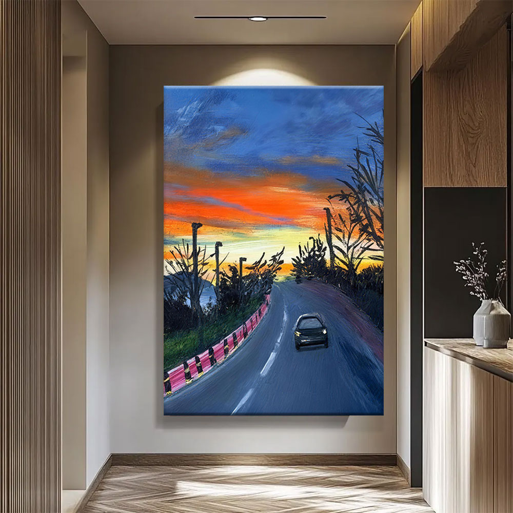 The Road at Sunset canvas wall art, styled room mockup 1.
