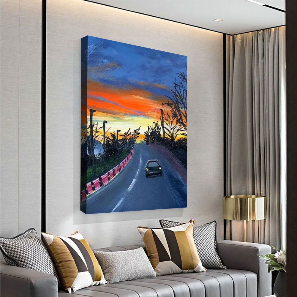 The Road at Sunset canvas wall art, styled room mockup 2.