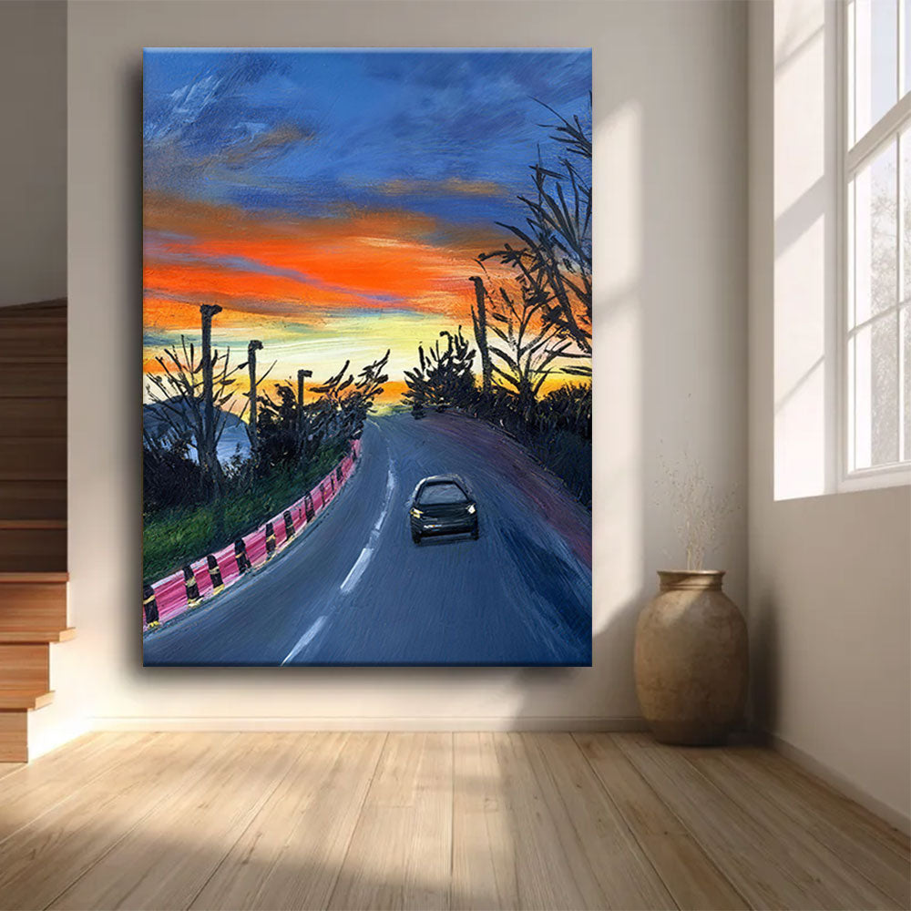 The Road at Sunset canvas wall art, styled room mockup 3.