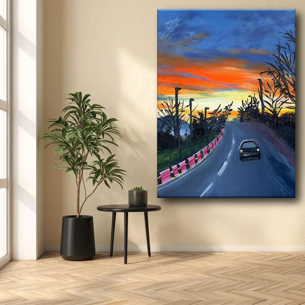 The Road at Sunset canvas wall art, styled room mockup 4.