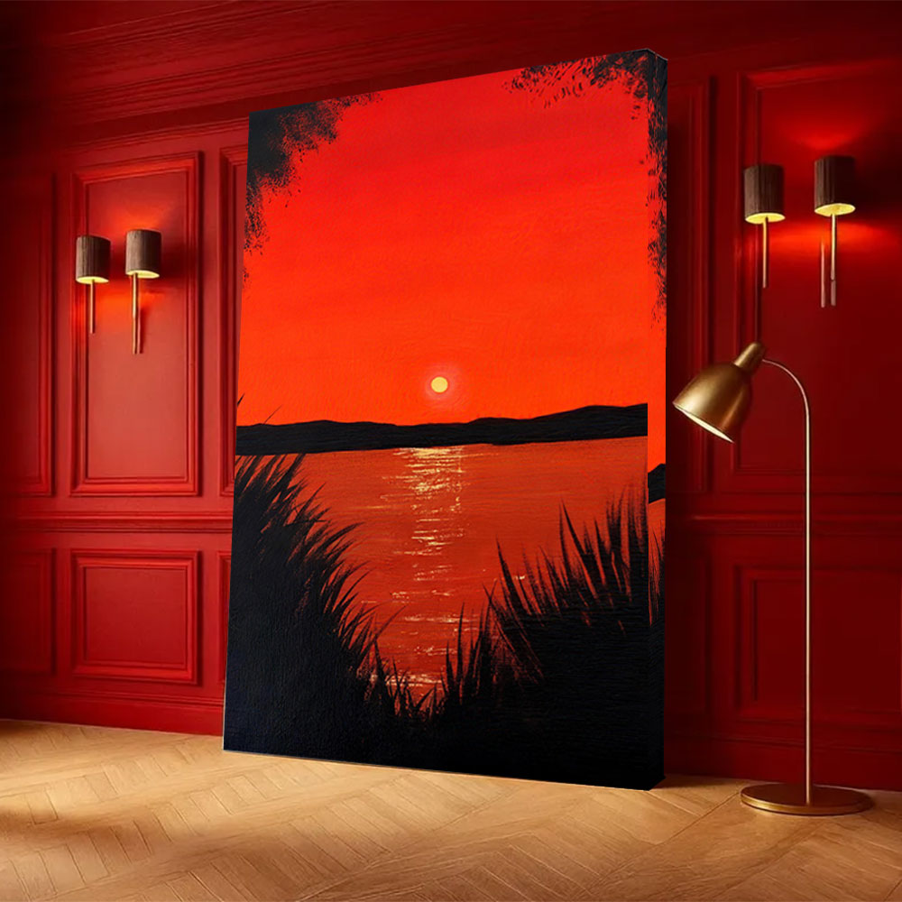 Crimson Sunset Across the Water canvas wall art, styled room mockup 3.