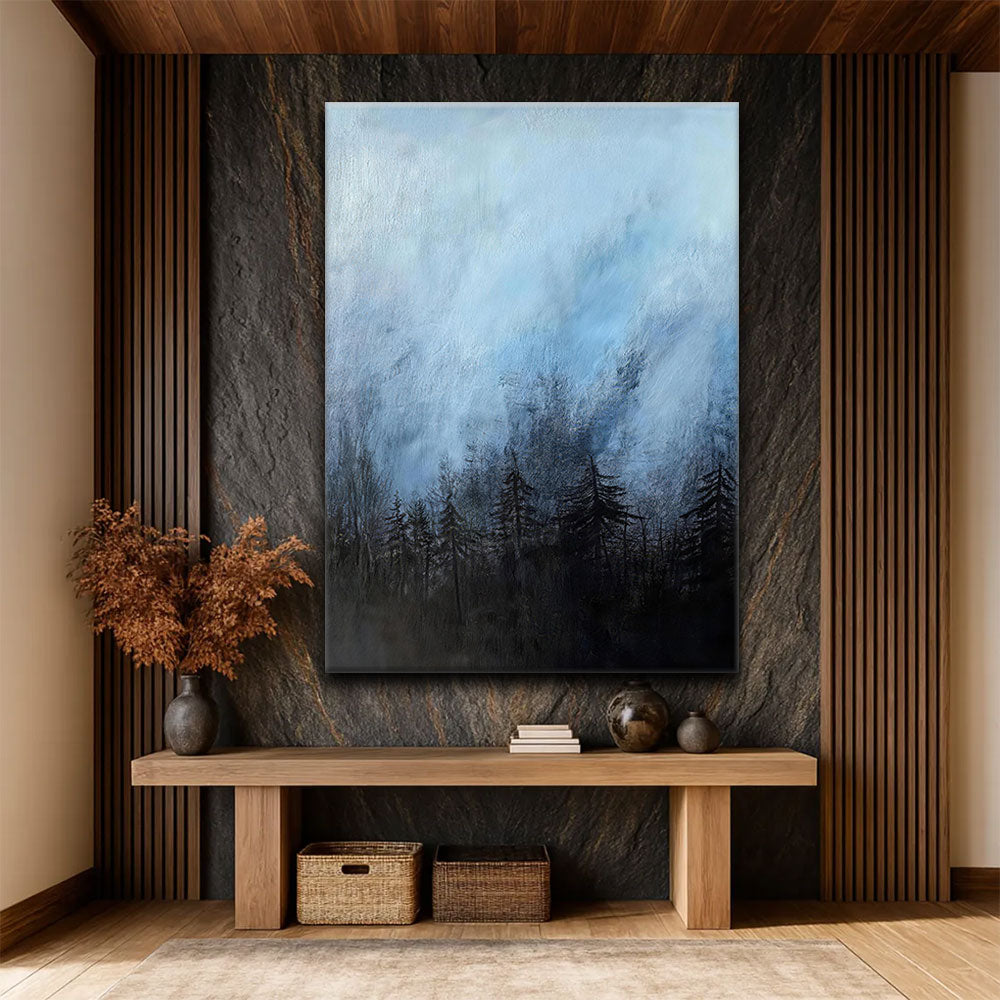 Blue Mist Above the Pines canvas wall art, styled room mockup 1.