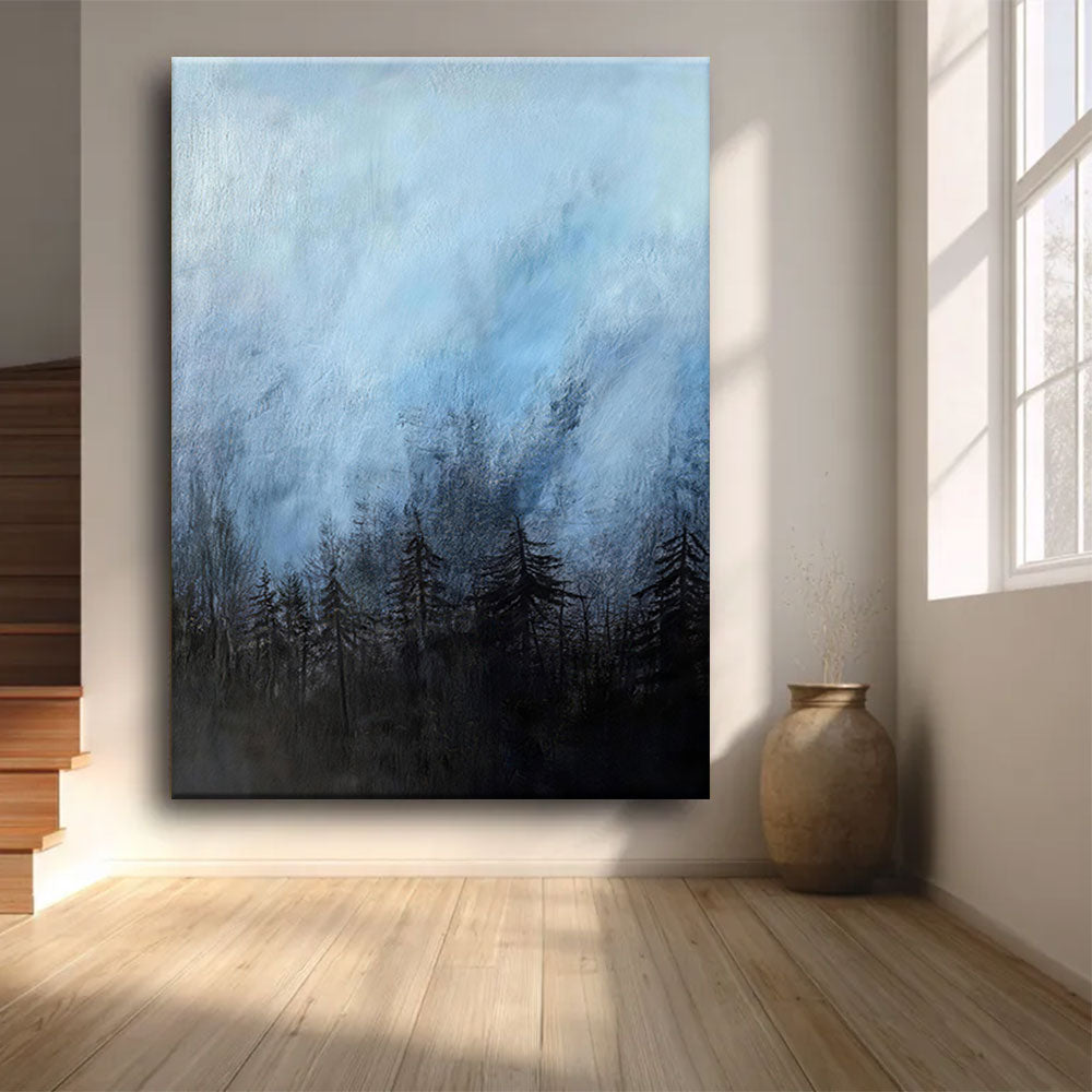 Blue Mist Above the Pines canvas wall art, styled room mockup 2.