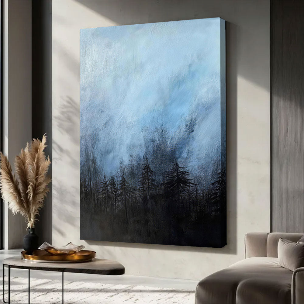 Blue Mist Above the Pines canvas wall art, styled room mockup 4.