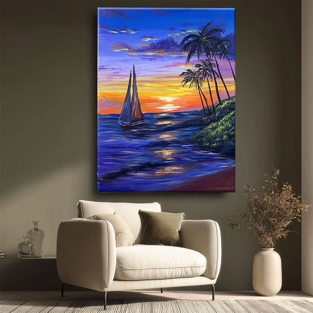 Sailing Toward the Sunset canvas wall art, styled room mockup 1.