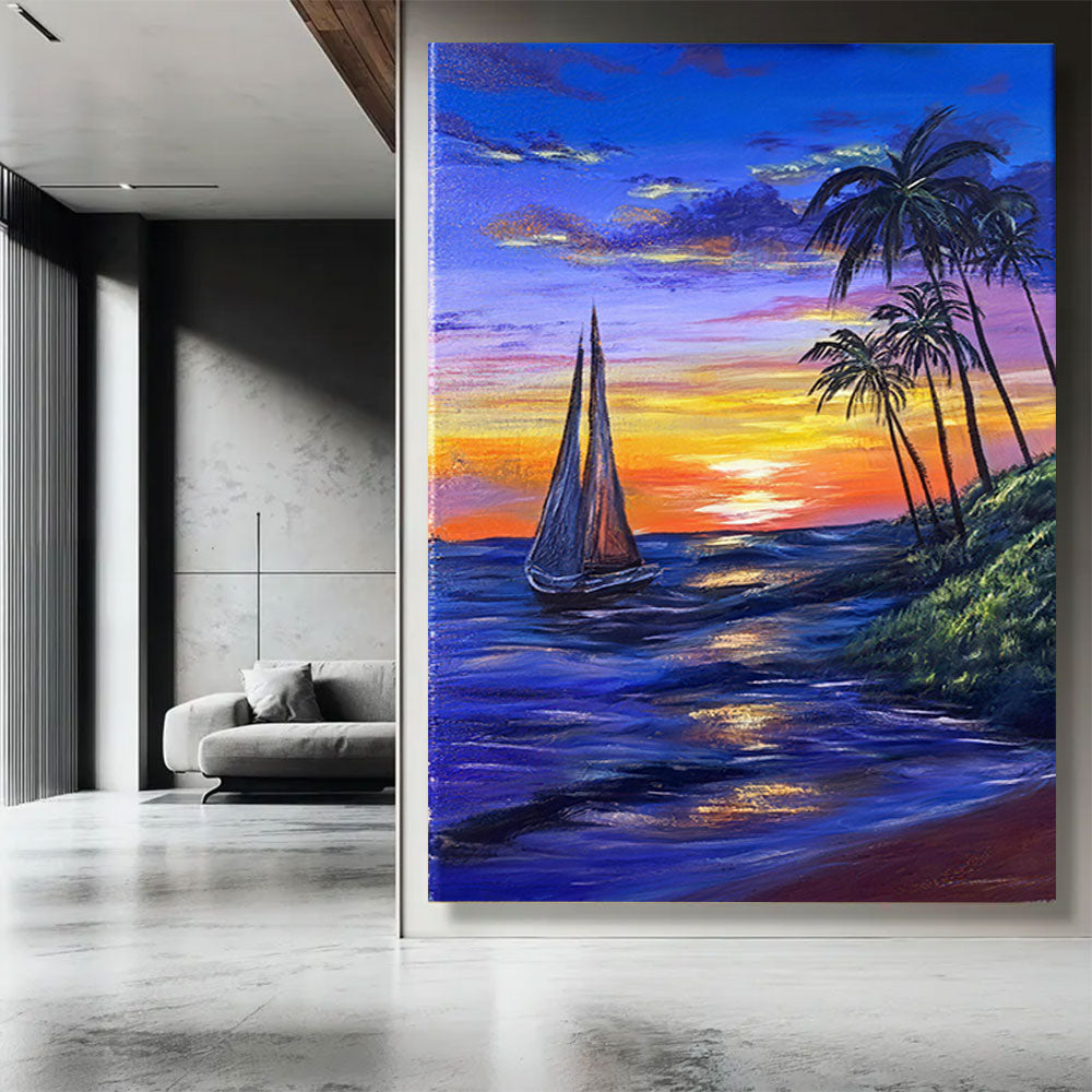 Sailing Toward the Sunset canvas wall art, styled room mockup 4.