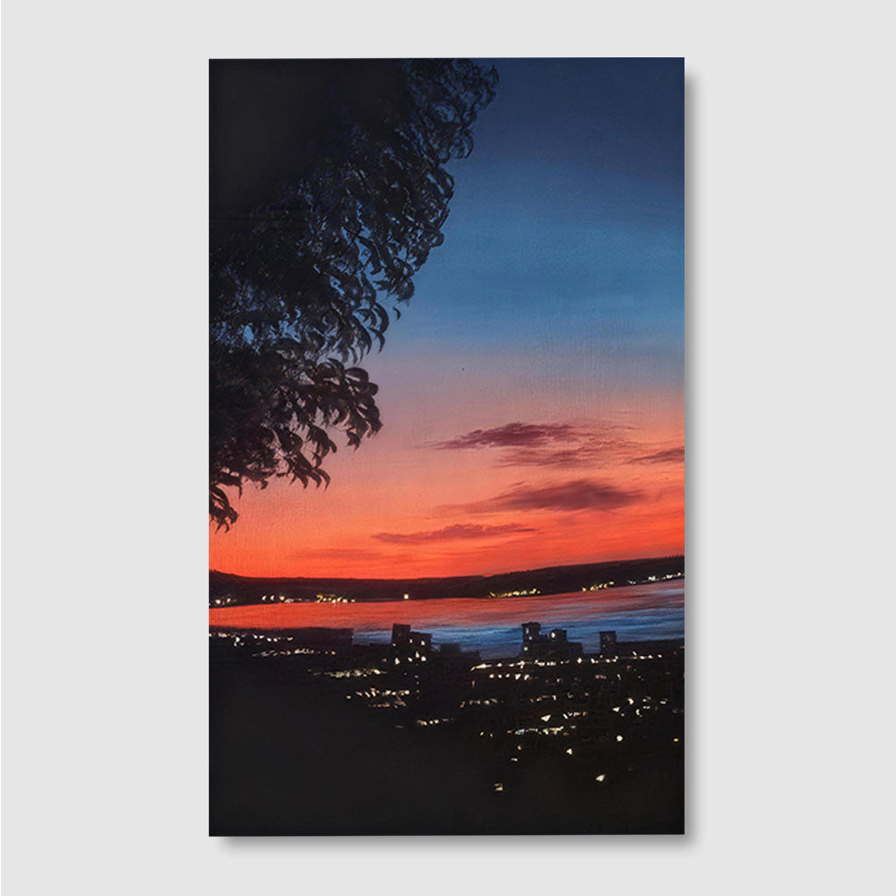 City Lights Beneath a Fading Sky canvas wall art, front product mockup on a light background.
