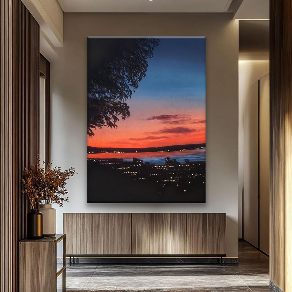 City Lights Beneath a Fading Sky canvas wall art, styled room mockup 1.