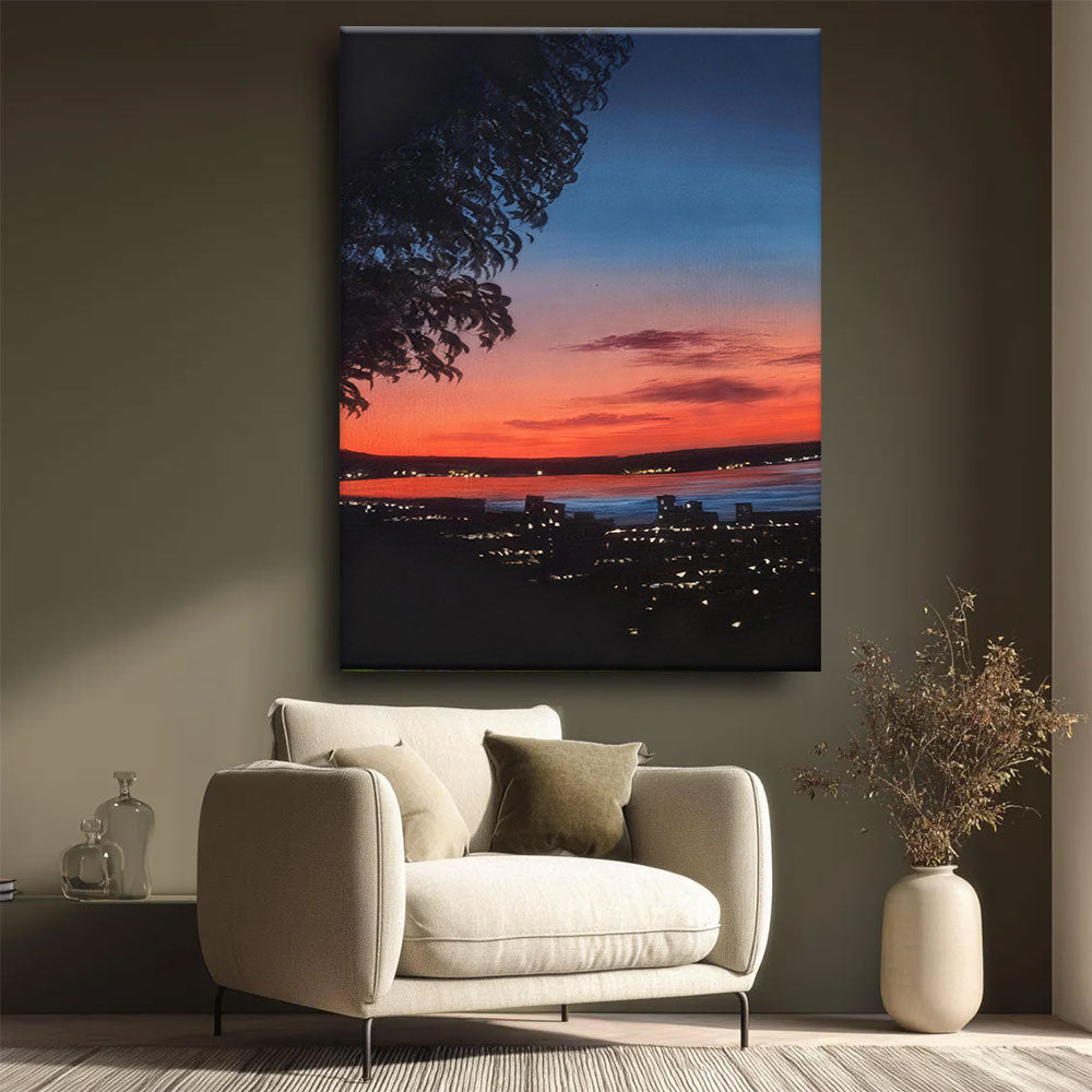 City Lights Beneath a Fading Sky canvas wall art, styled room mockup 2.