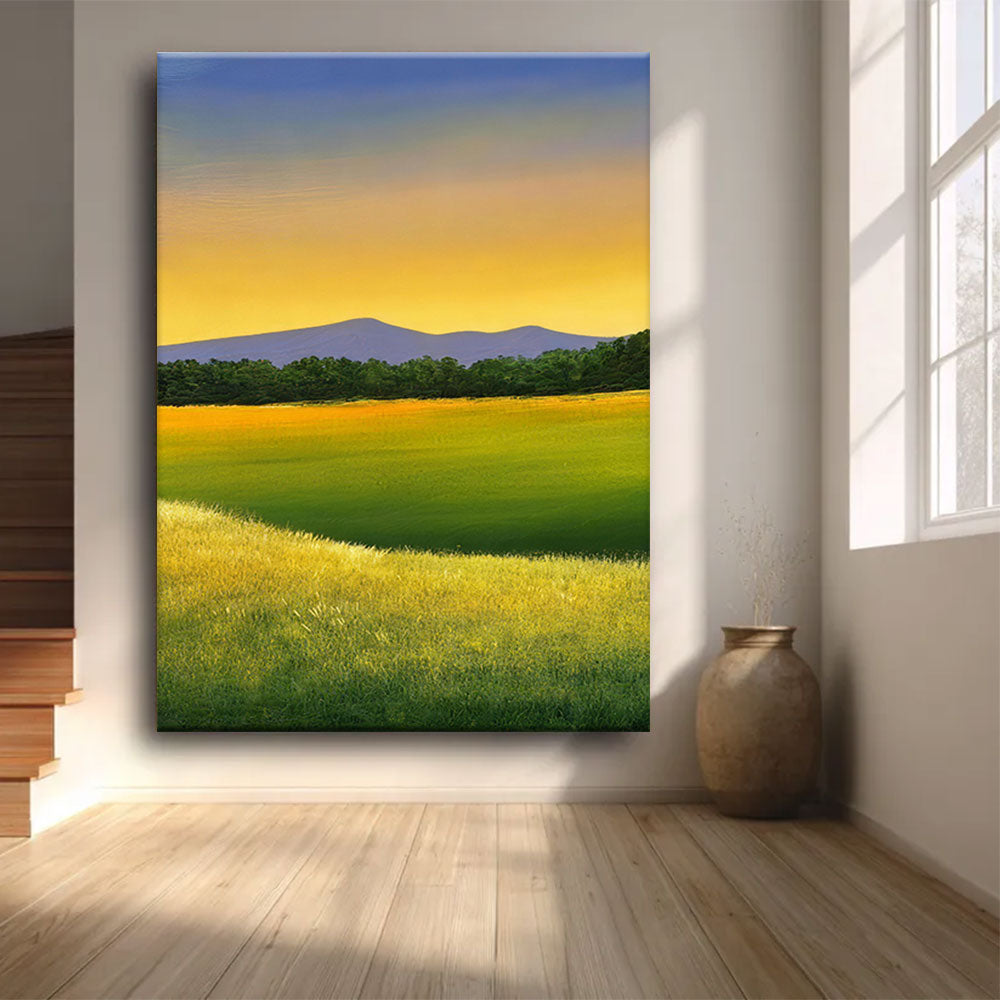 Golden Fields and Distant Hills canvas wall art, styled room mockup 1.