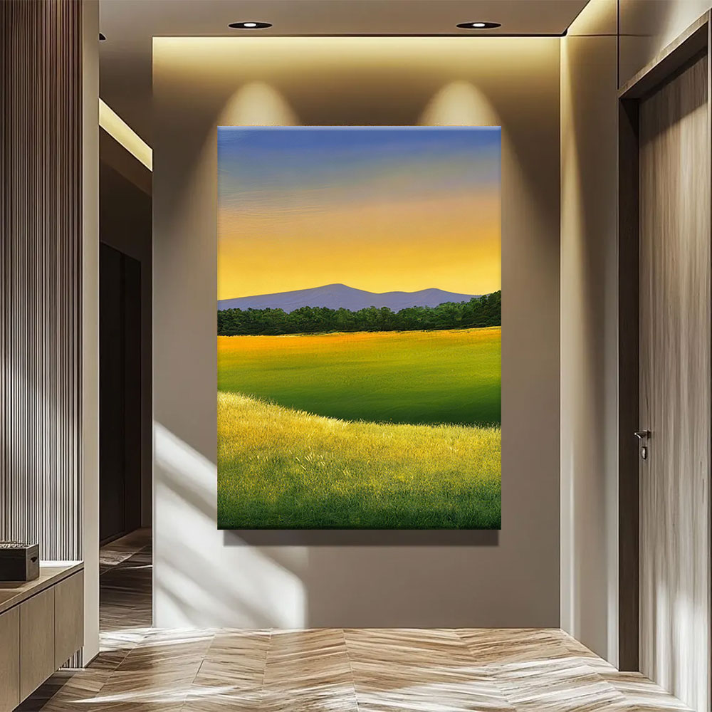 Golden Fields and Distant Hills canvas wall art, styled room mockup 2.