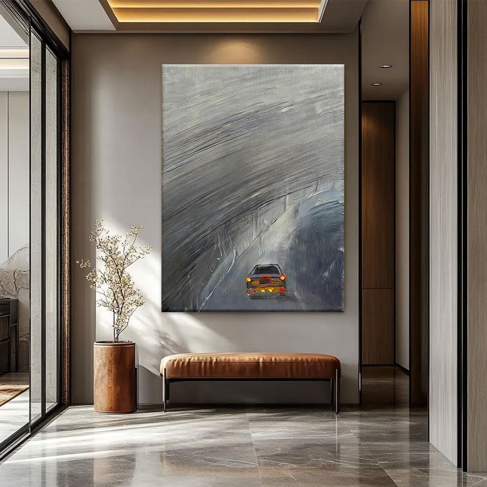 Driving Through the Rain canvas wall art, styled room mockup 1.