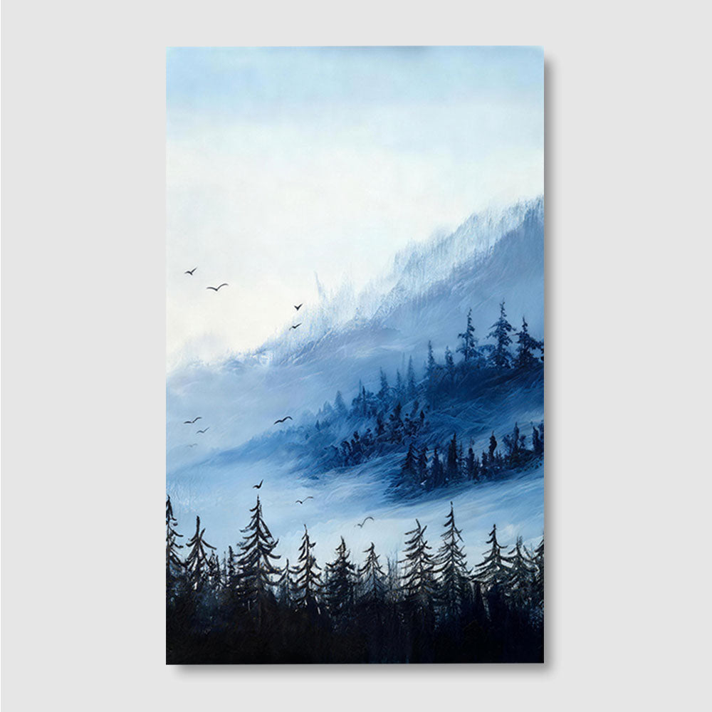 Birds Above the Misty Valley canvas wall art, front product mockup on a light background.