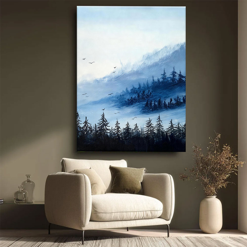 Birds Above the Misty Valley canvas wall art, styled room mockup 1.