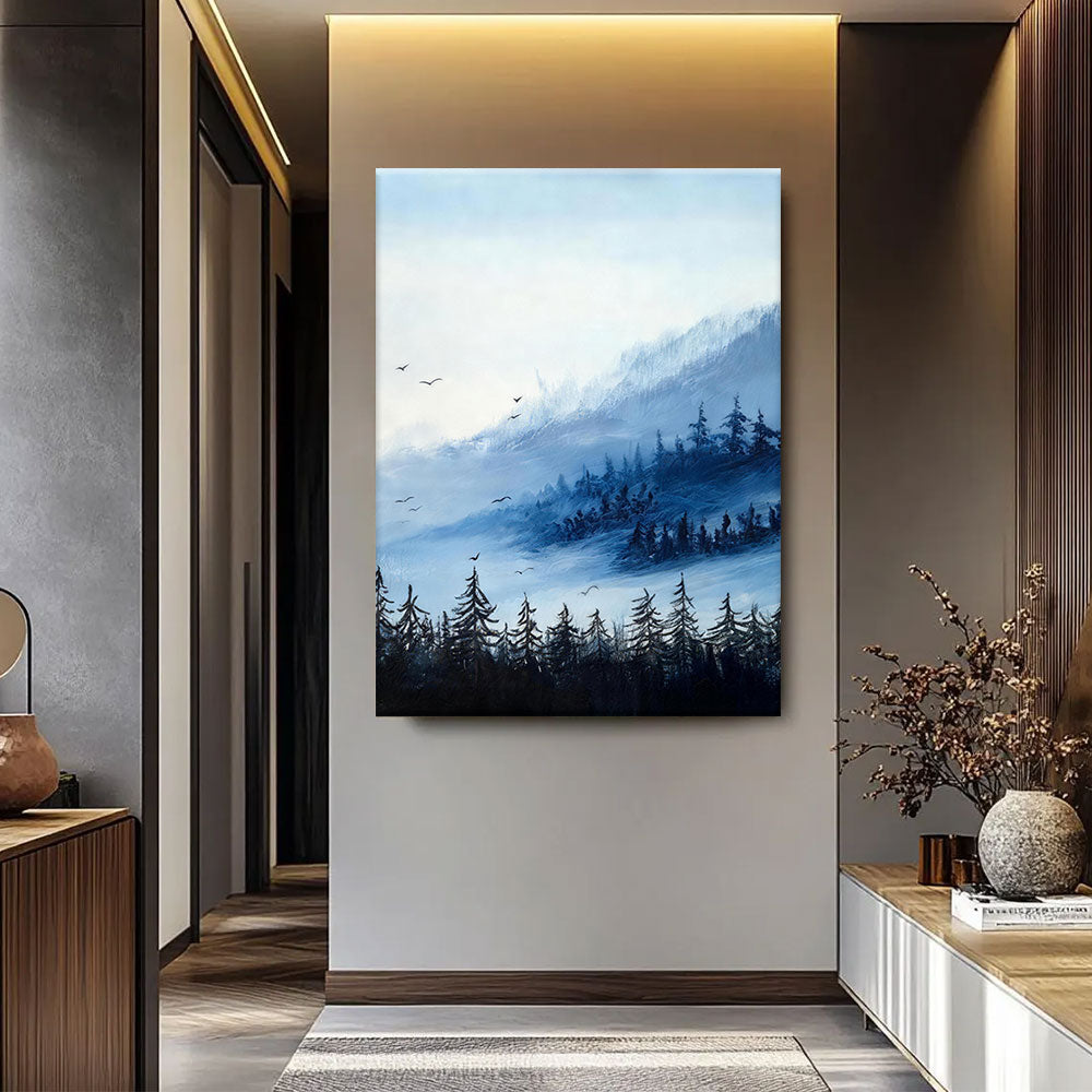 Birds Above the Misty Valley canvas wall art, styled room mockup 2.