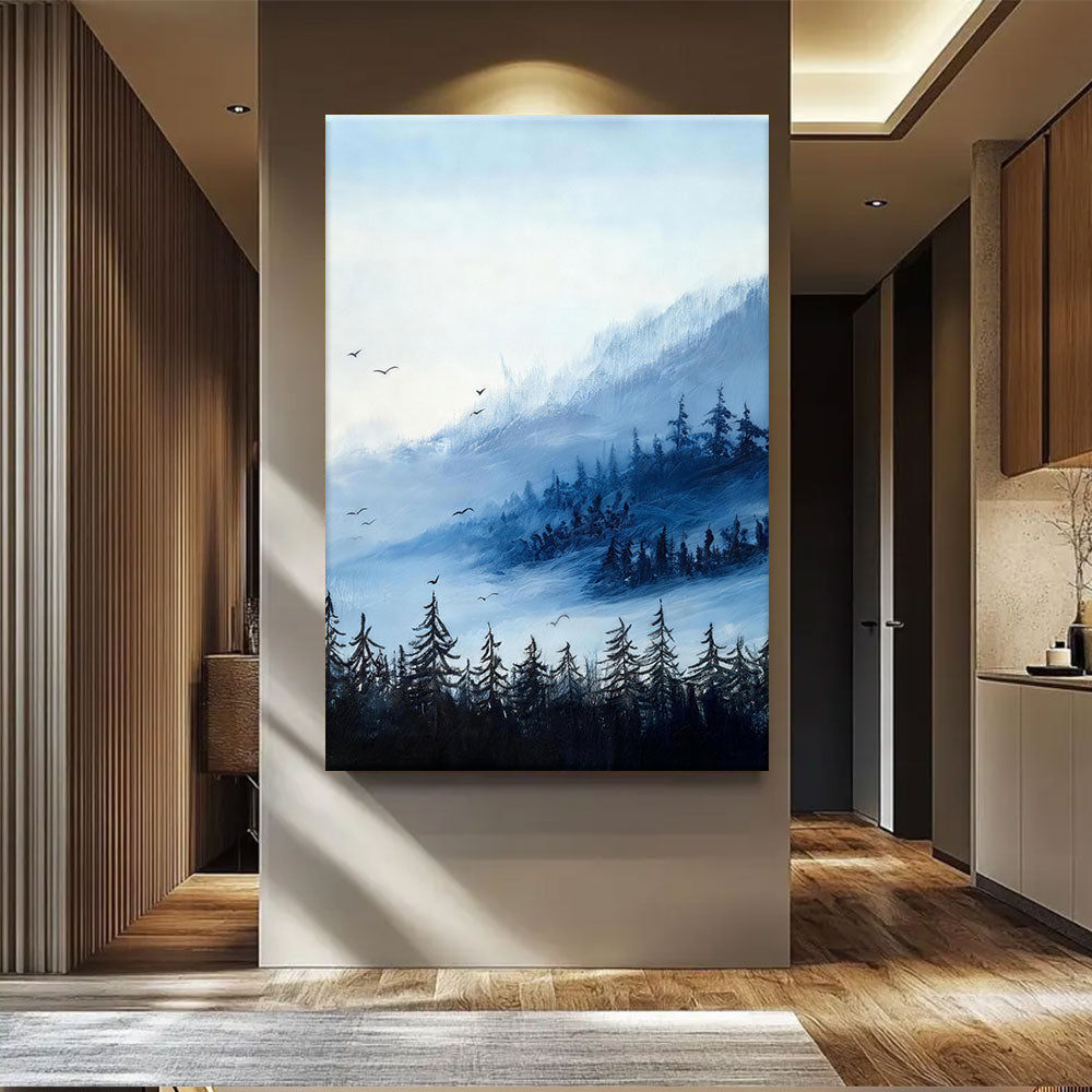 Birds Above the Misty Valley canvas wall art, styled room mockup 3.