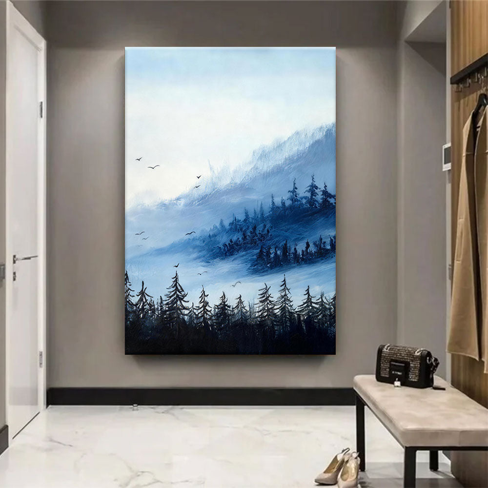 Birds Above the Misty Valley canvas wall art, styled room mockup 4.