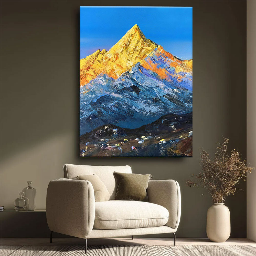 Golden Summit Under Blue Sky canvas wall art, styled room mockup 1.