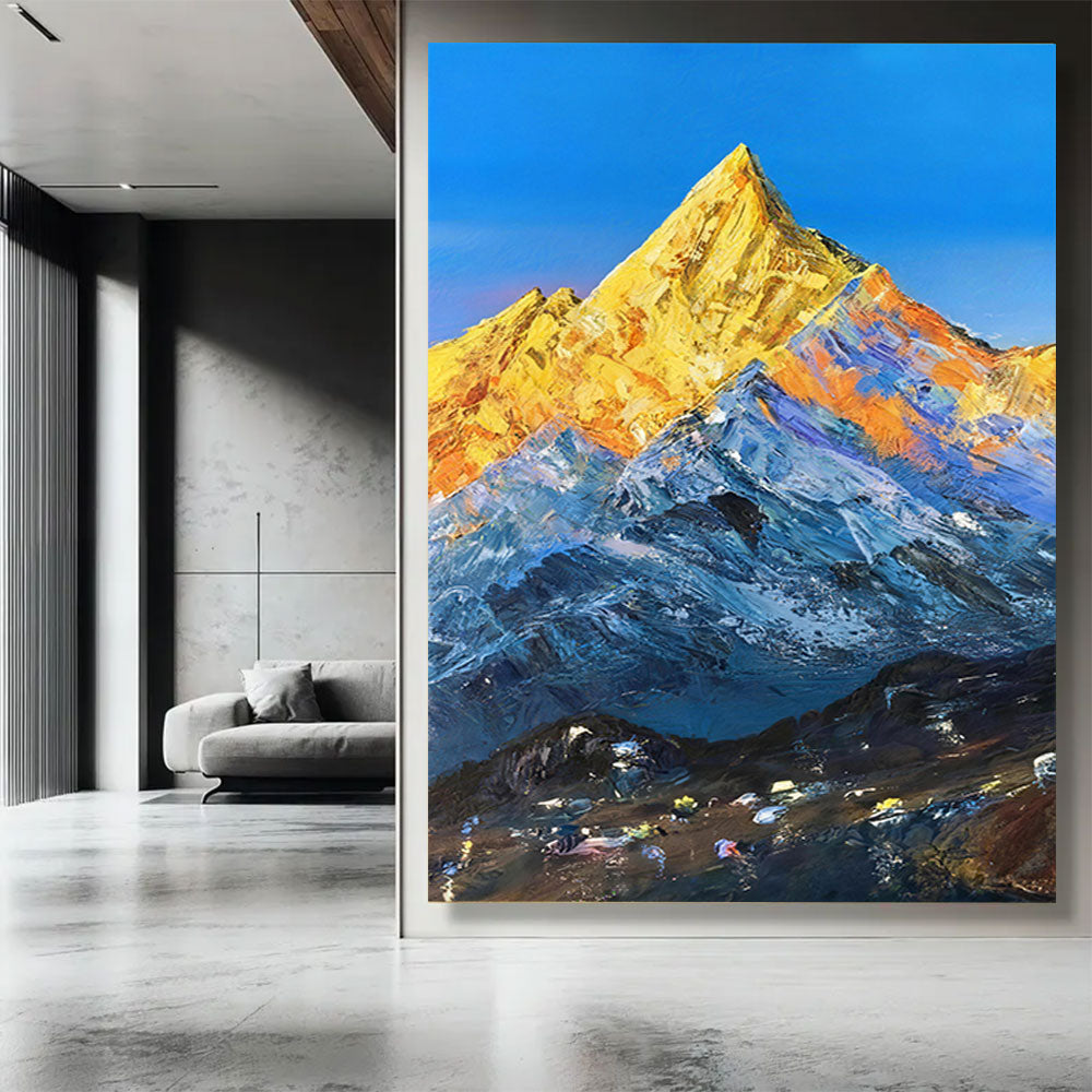 Golden Summit Under Blue Sky canvas wall art, styled room mockup 2.