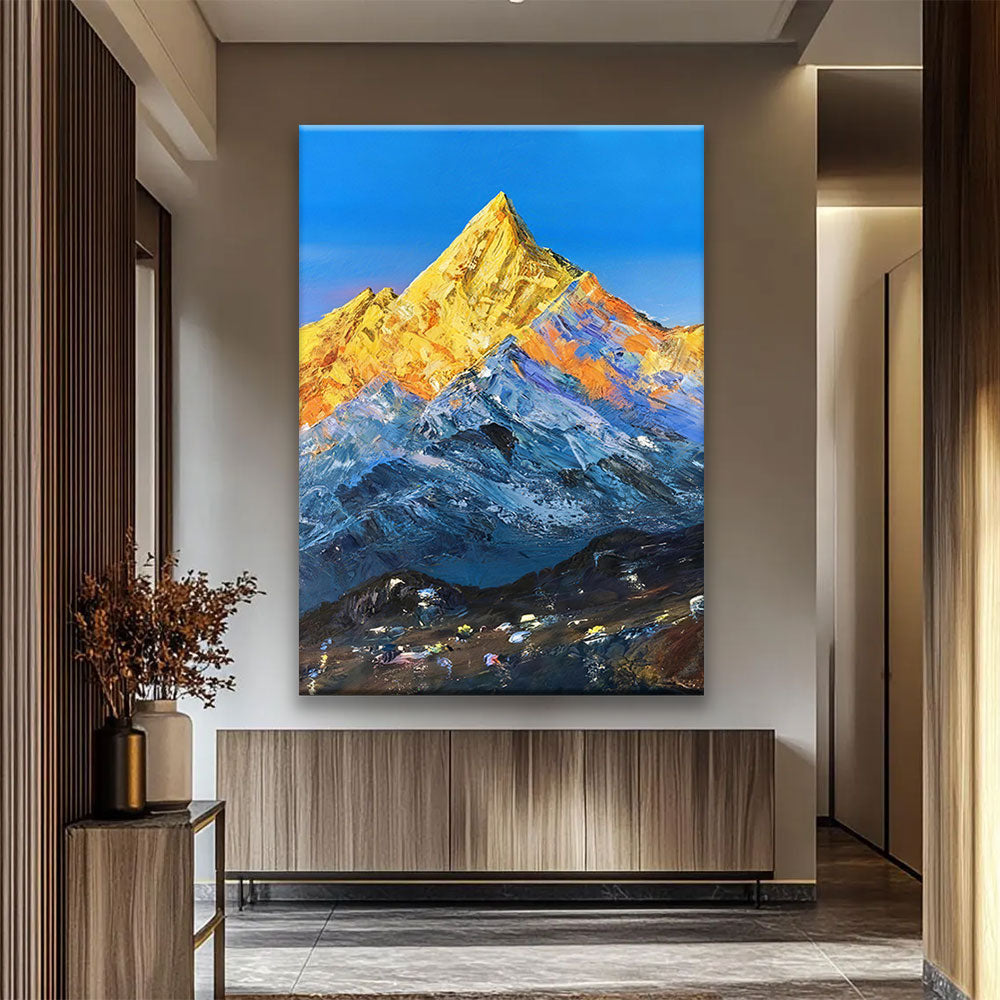 Golden Summit Under Blue Sky canvas wall art, styled room mockup 3.