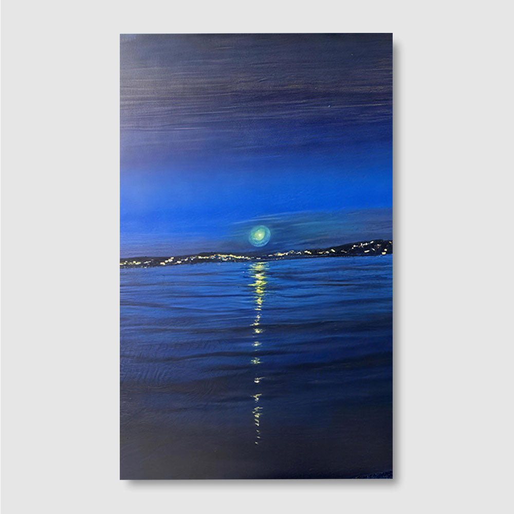 Green Moon Over Blue Water canvas wall art, front product mockup on a light background.