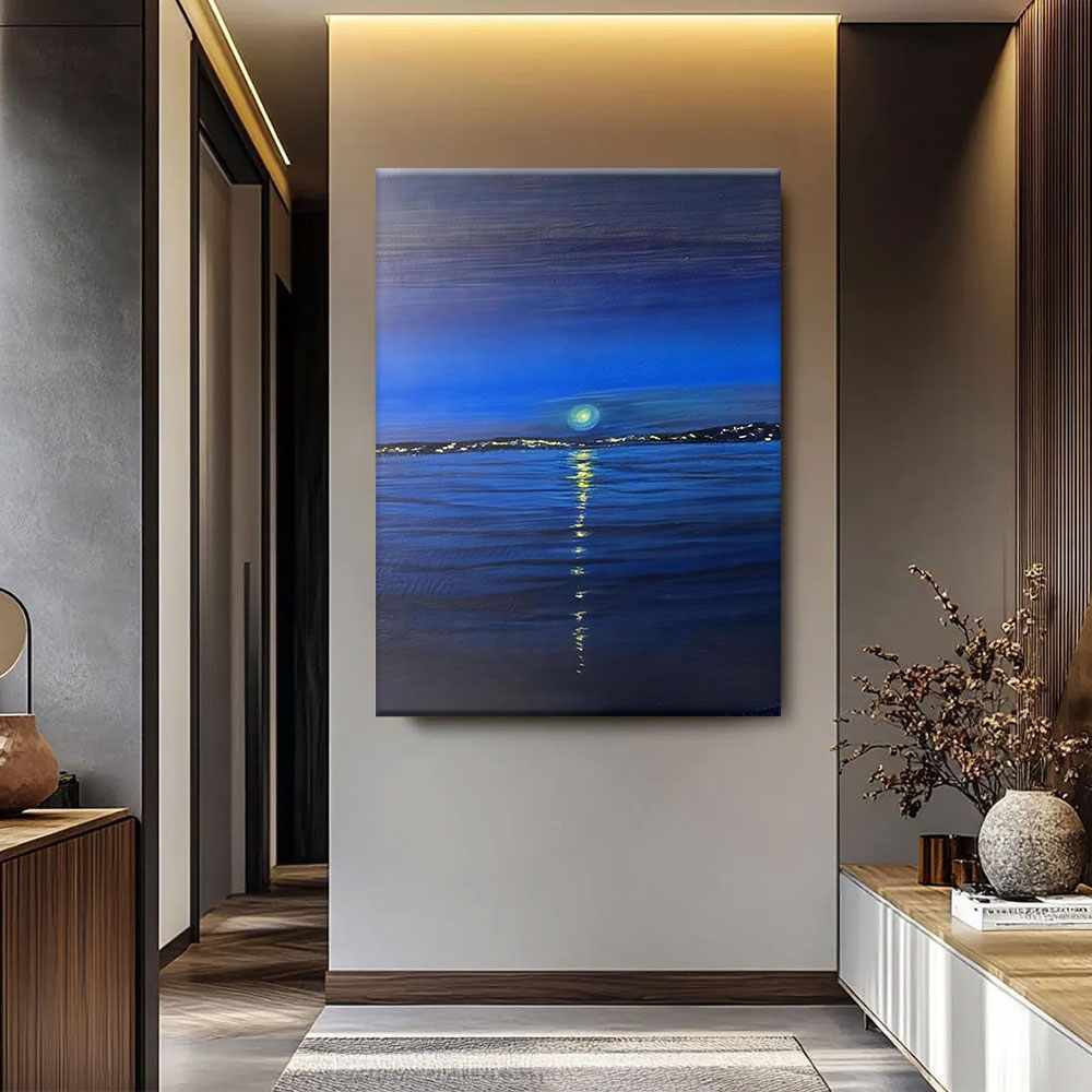 Green Moon Over Blue Water canvas wall art, styled room mockup 2.