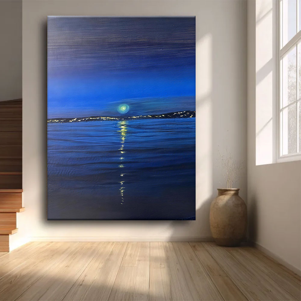 Green Moon Over Blue Water canvas wall art, styled room mockup 3.