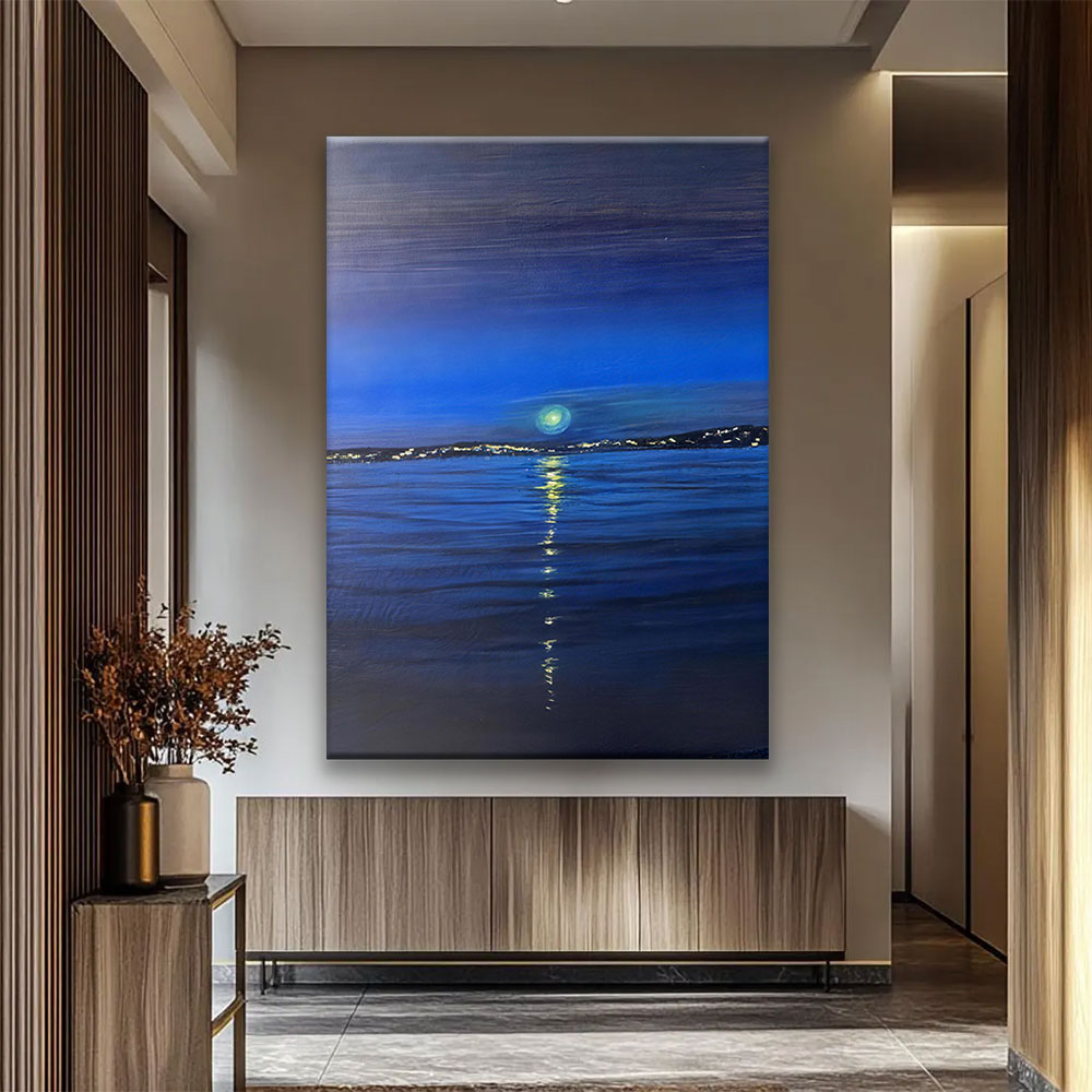 Green Moon Over Blue Water canvas wall art, styled room mockup 4.