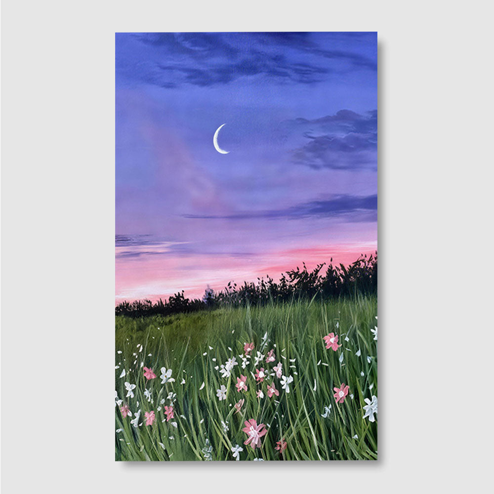 Crescent Moon Above Wildflowers canvas wall art, front product mockup on a light background.