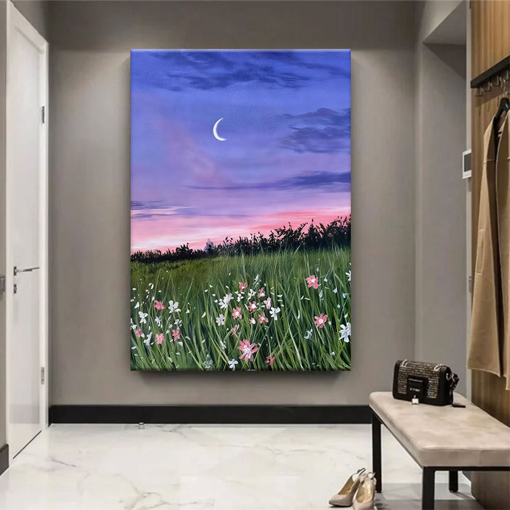 Crescent Moon Above Wildflowers canvas wall art, styled room mockup 1.