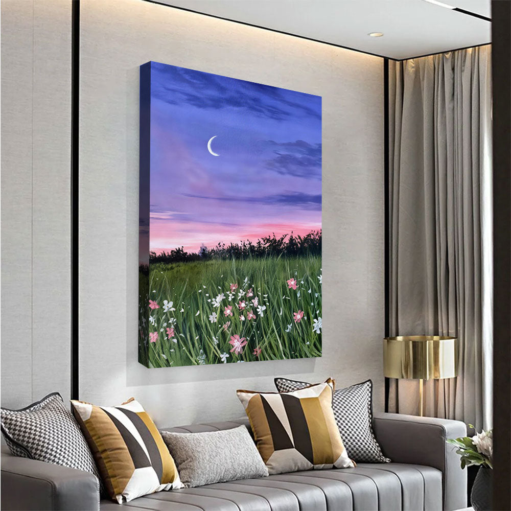 Crescent Moon Above Wildflowers canvas wall art, styled room mockup 4.