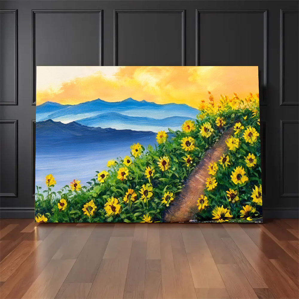 Sunflowers Along the Mountain Path canvas wall art, styled room mockup 1.