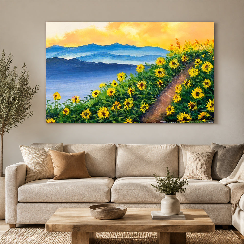 Sunflowers Along the Mountain Path canvas wall art, styled room mockup 2.