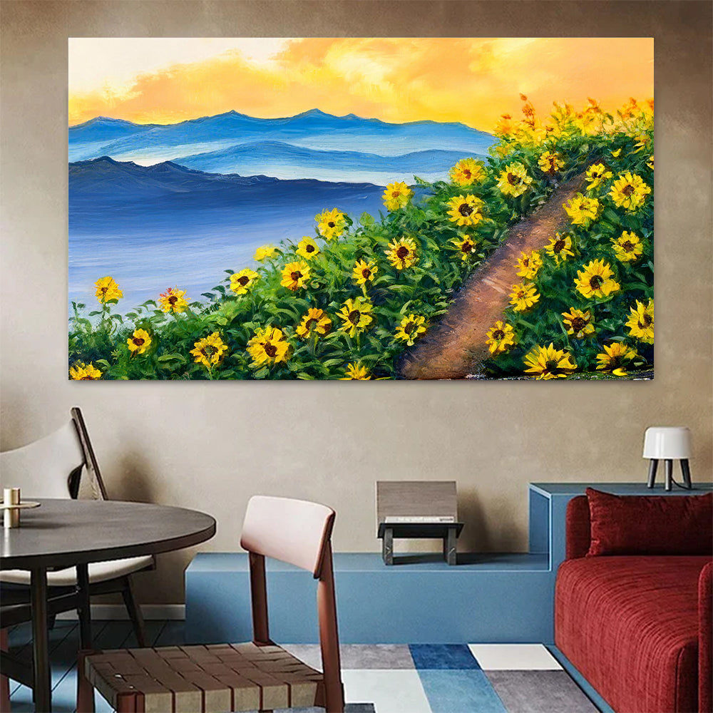 Sunflowers Along the Mountain Path canvas wall art, styled room mockup 3.