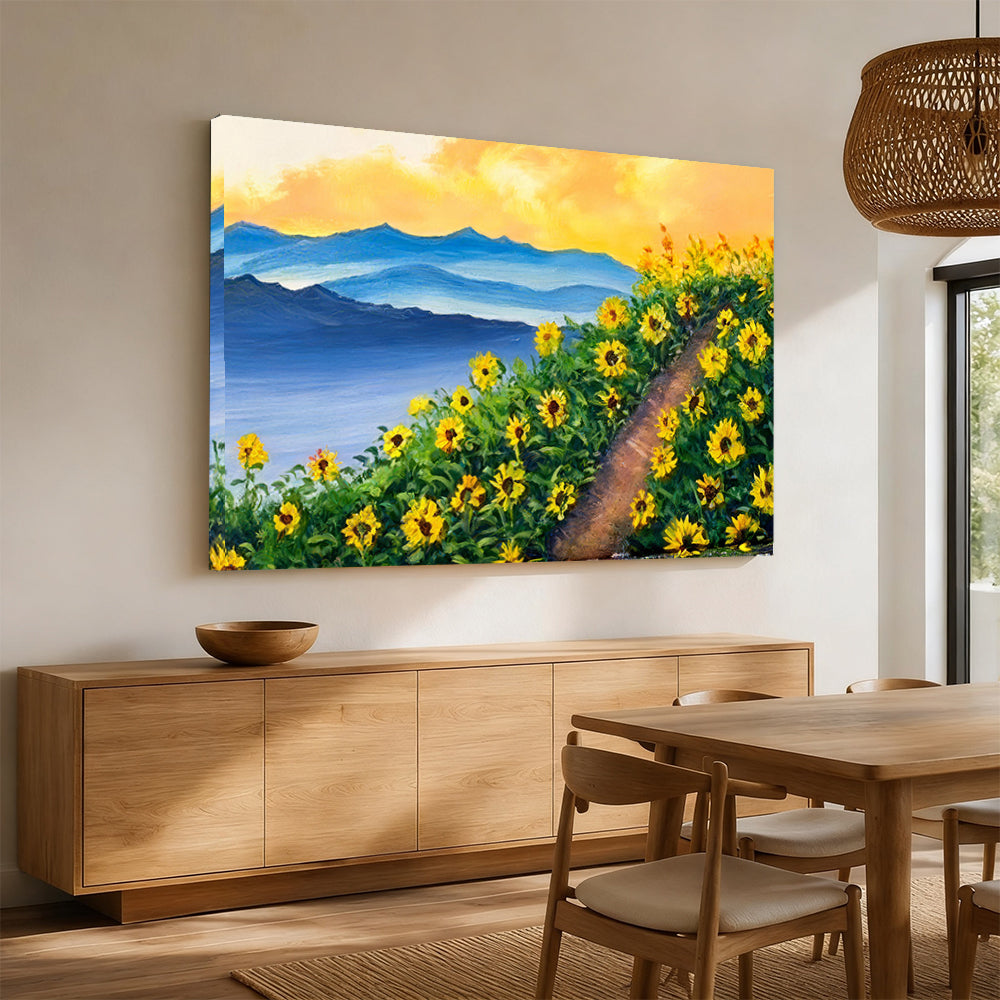 Sunflowers Along the Mountain Path canvas wall art, styled room mockup 4.