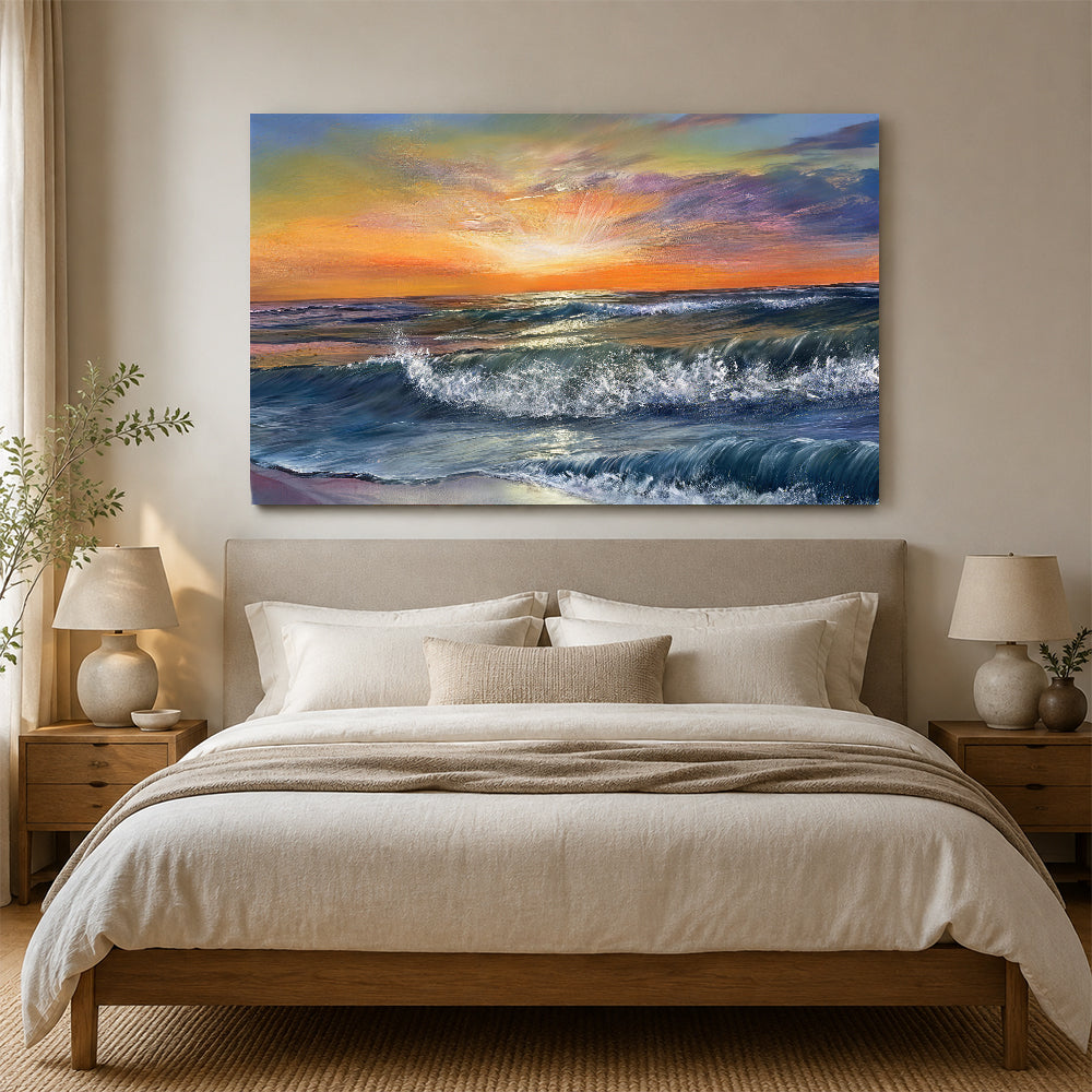 Breaking Surf in Golden Light canvas wall art, styled room mockup 1.