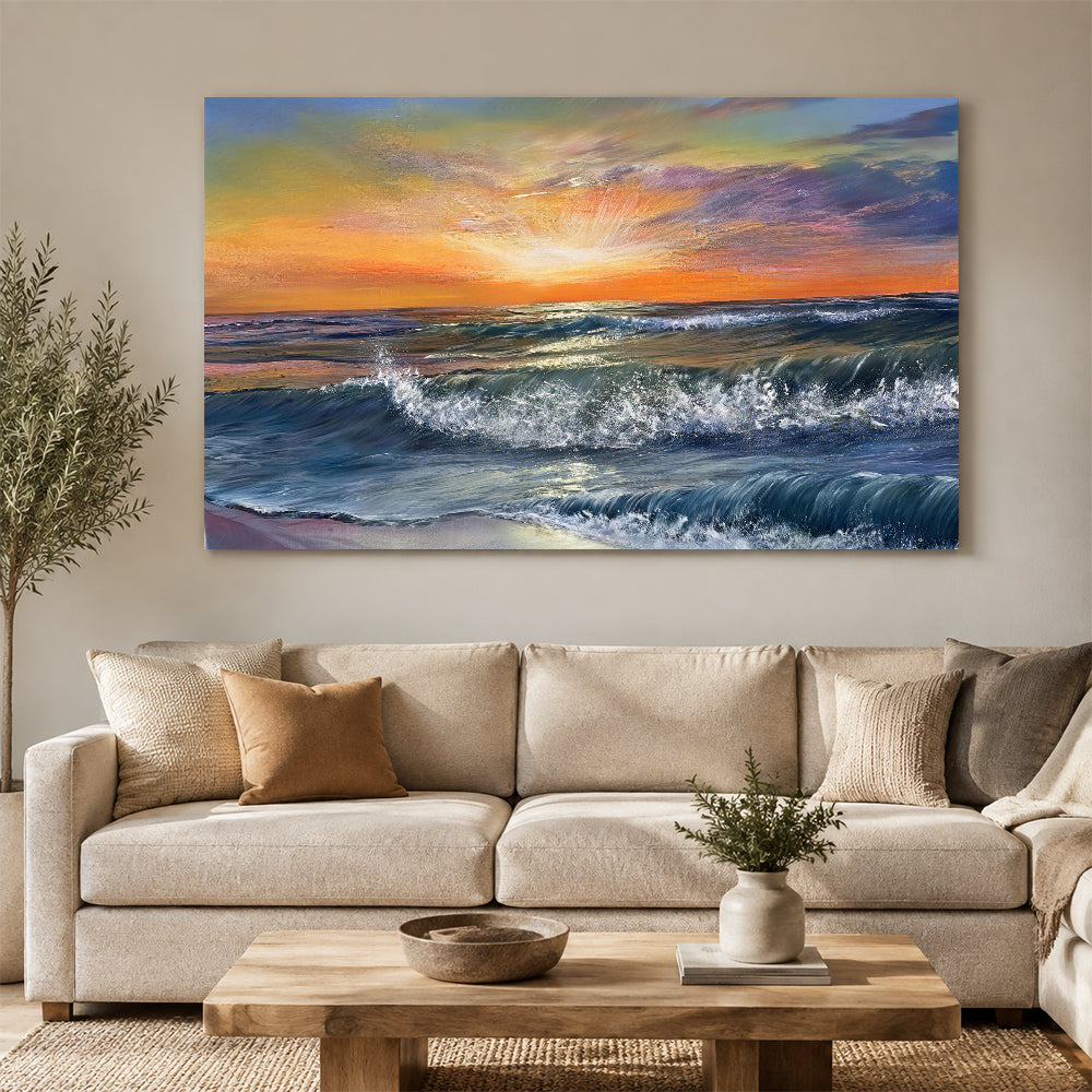 Breaking Surf in Golden Light canvas wall art, styled room mockup 3.
