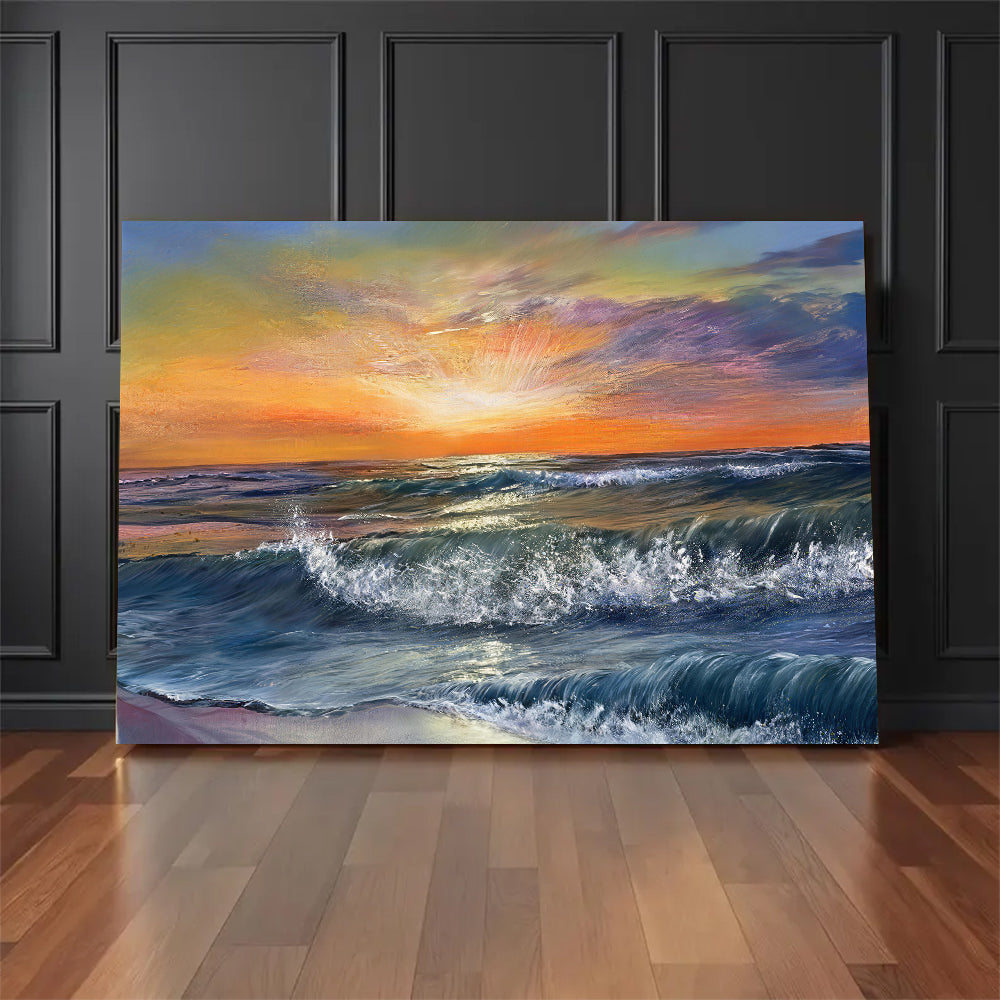 Breaking Surf in Golden Light canvas wall art, styled room mockup 4.