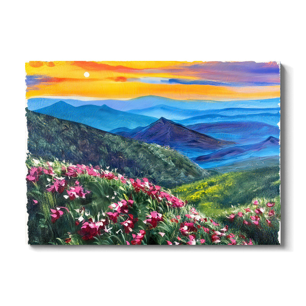 Pink Flowers Above Blue Ridges canvas wall art, front product mockup on a light background.