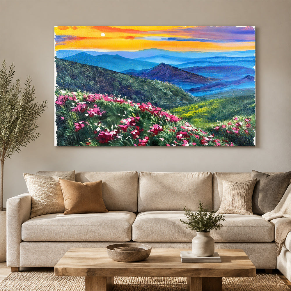 Pink Flowers Above Blue Ridges canvas wall art, styled room mockup 1.