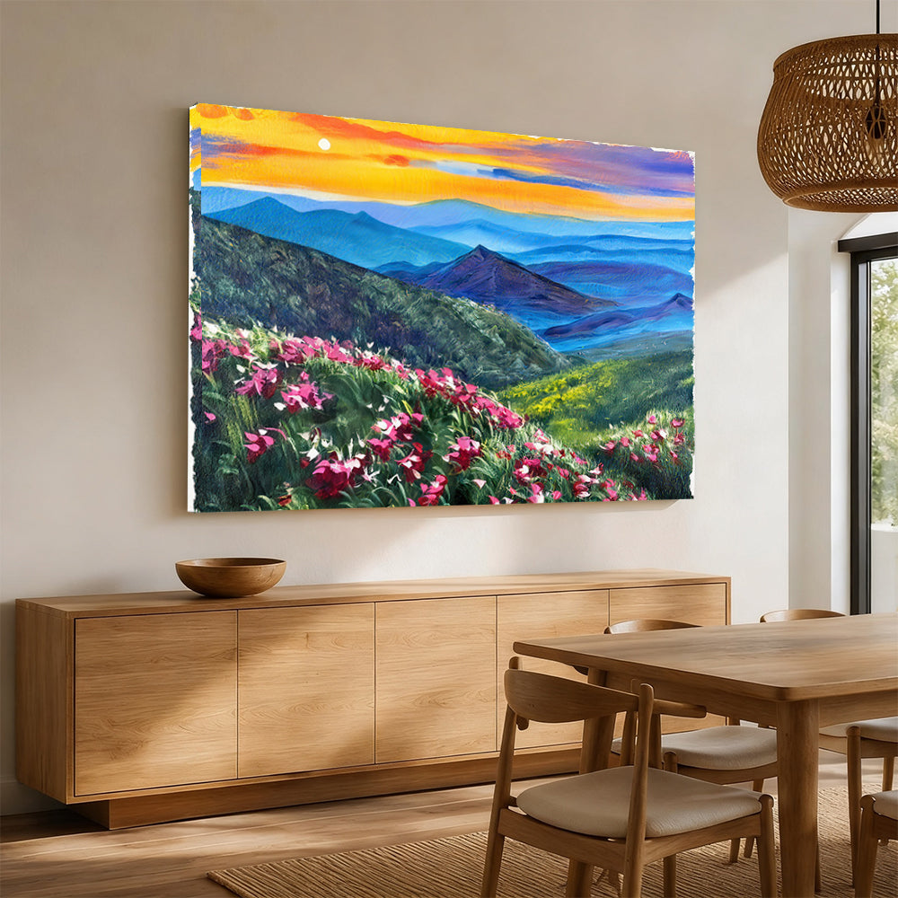 Pink Flowers Above Blue Ridges canvas wall art, styled room mockup 2.