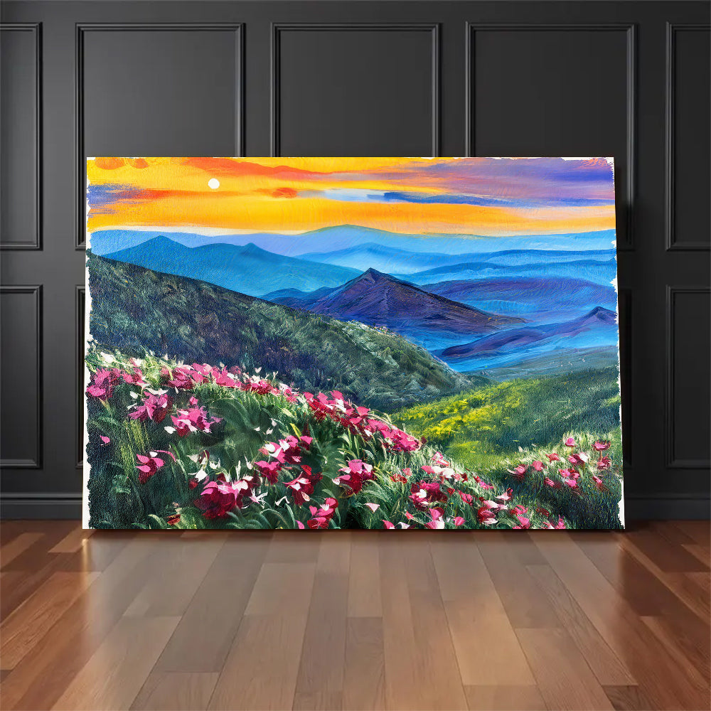 Pink Flowers Above Blue Ridges canvas wall art, styled room mockup 3.