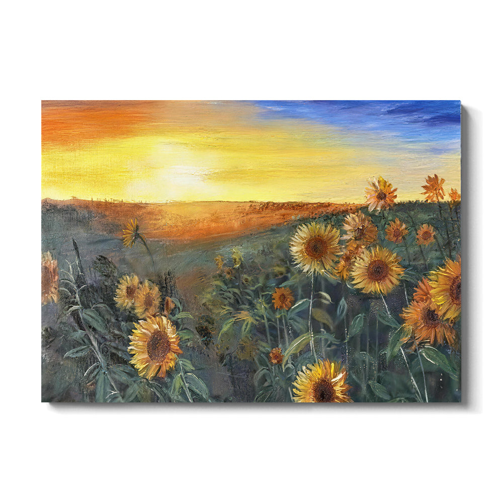 Sunflowers at the Edge of Evening canvas wall art, front product mockup on a light background.